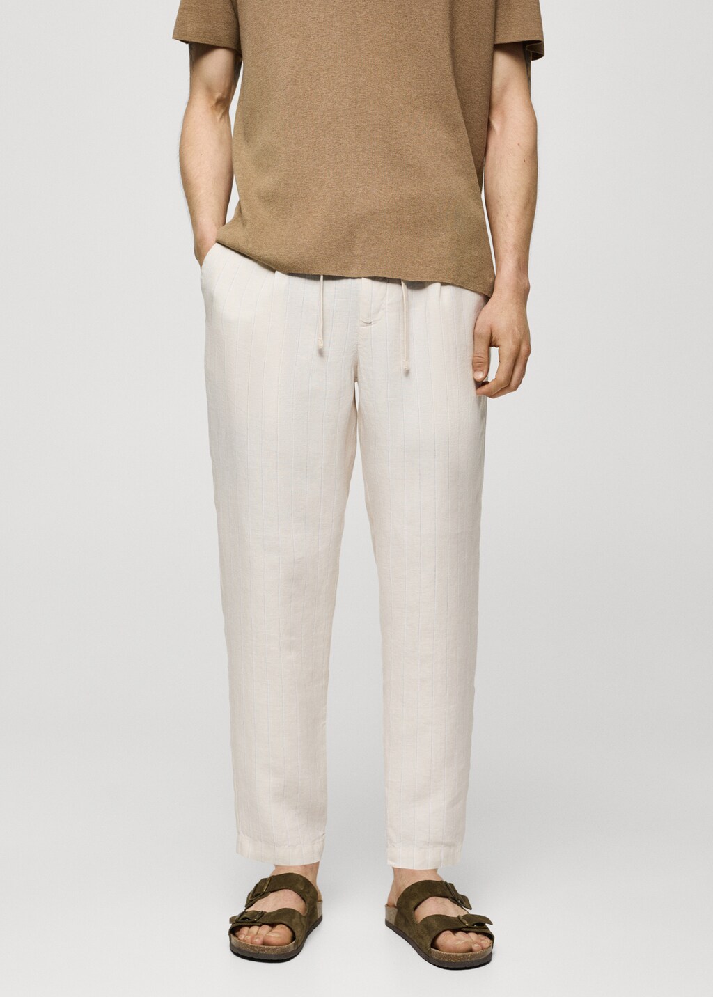 Linen-blend striped trousers with drawstring - Khaki