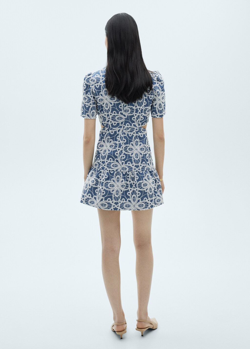 Flower embroidered ruffled dress - Medium Blue