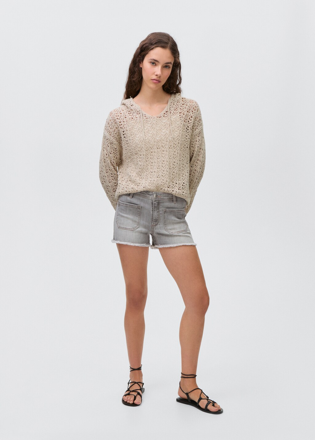 Openwork knitted sweater with hood - Sand