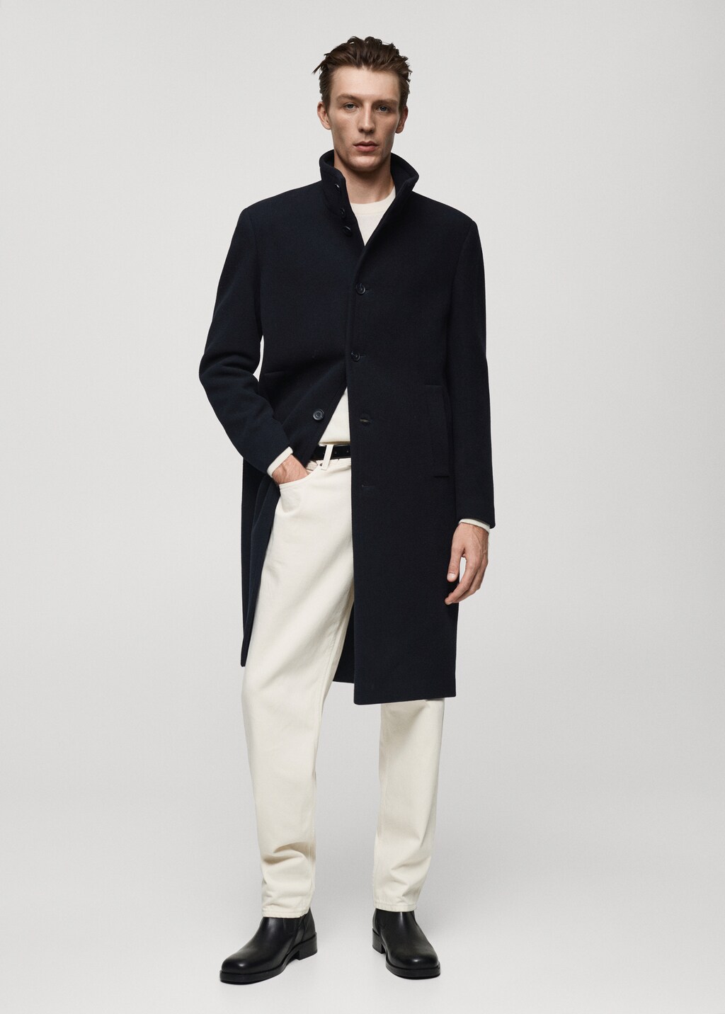 Long wool coat with collar - Dark Navy