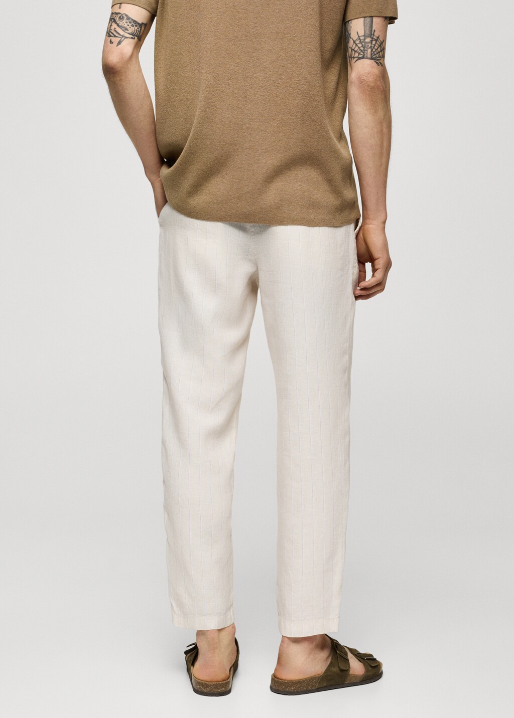 Linen-blend striped trousers with drawstring - Khaki