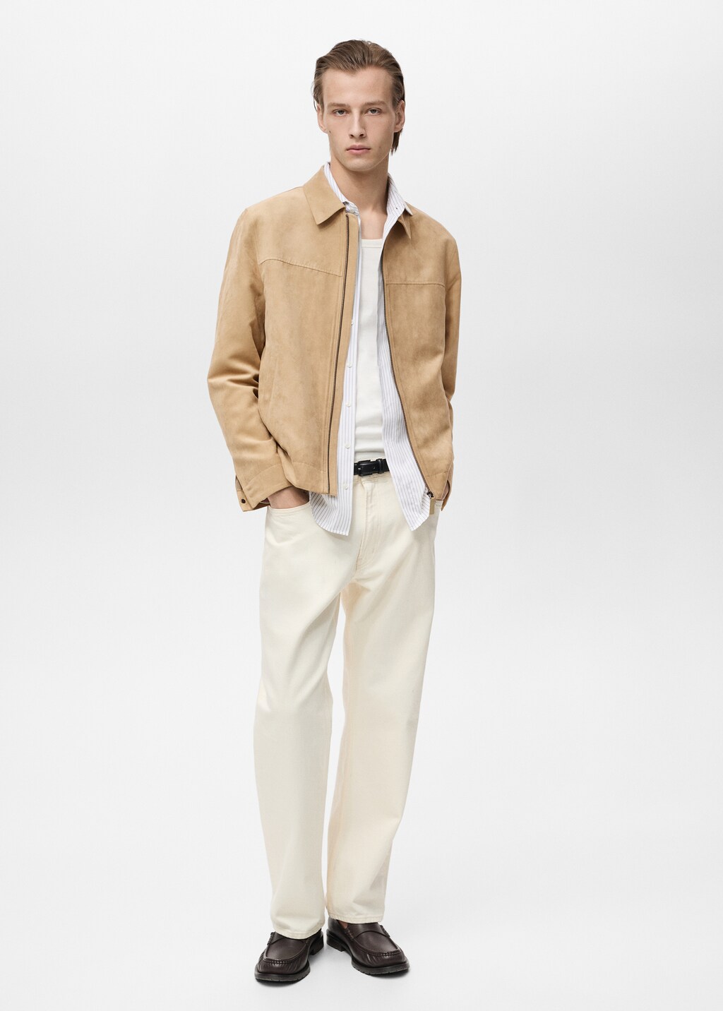 Suede-effect jacket with zip - Beige