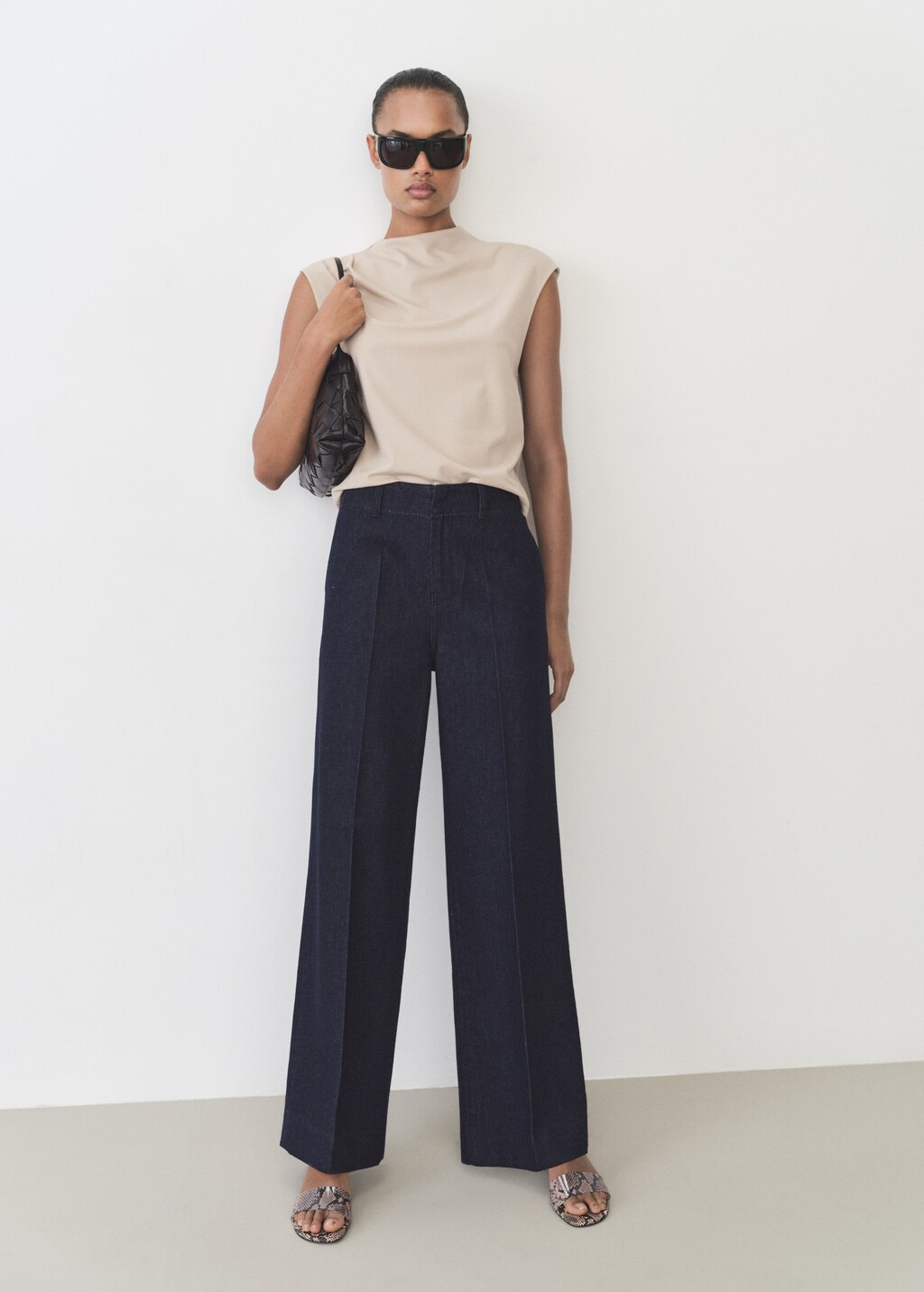 High-waisted wideleg cotton trousers - Ecru