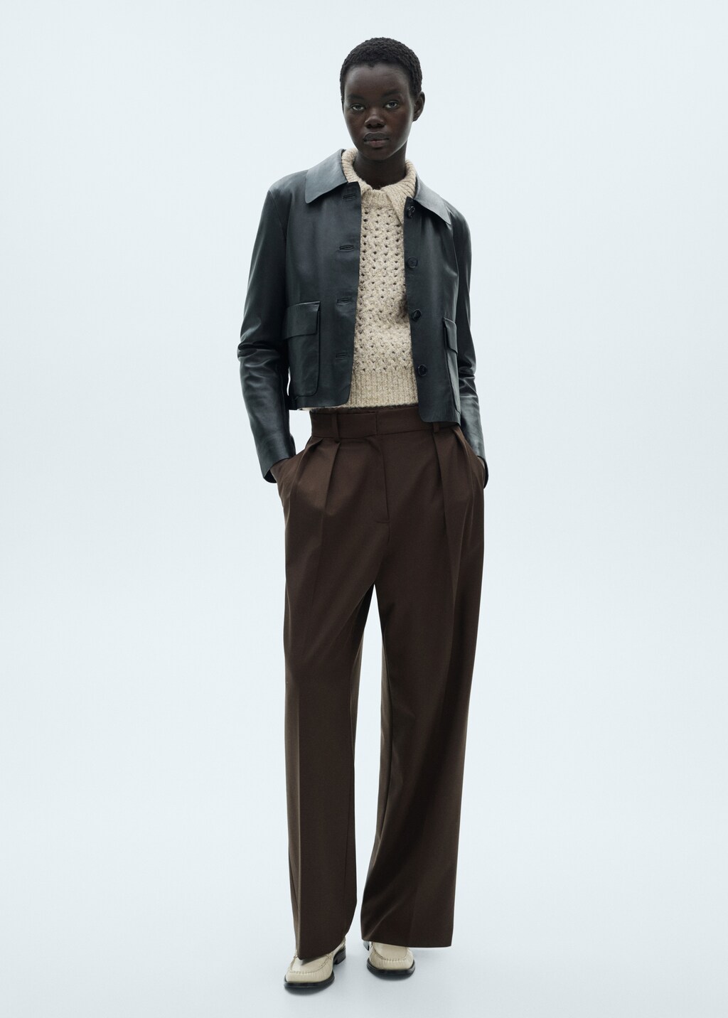 Openwork knitted polo-neck sweater - Sand