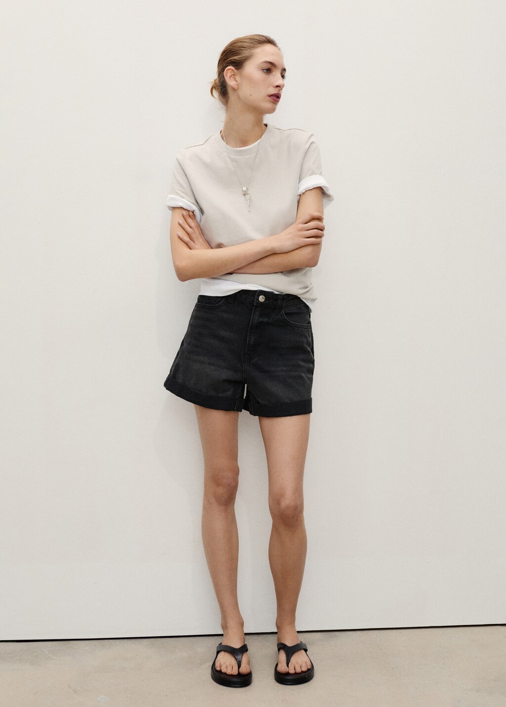 High-rise shorts with turn-down hem - Black denim