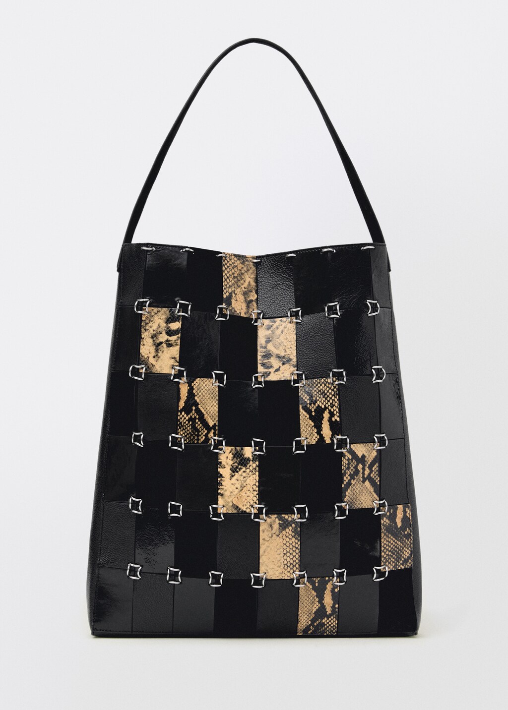 Combined-patchwork leather shopper bag - Black