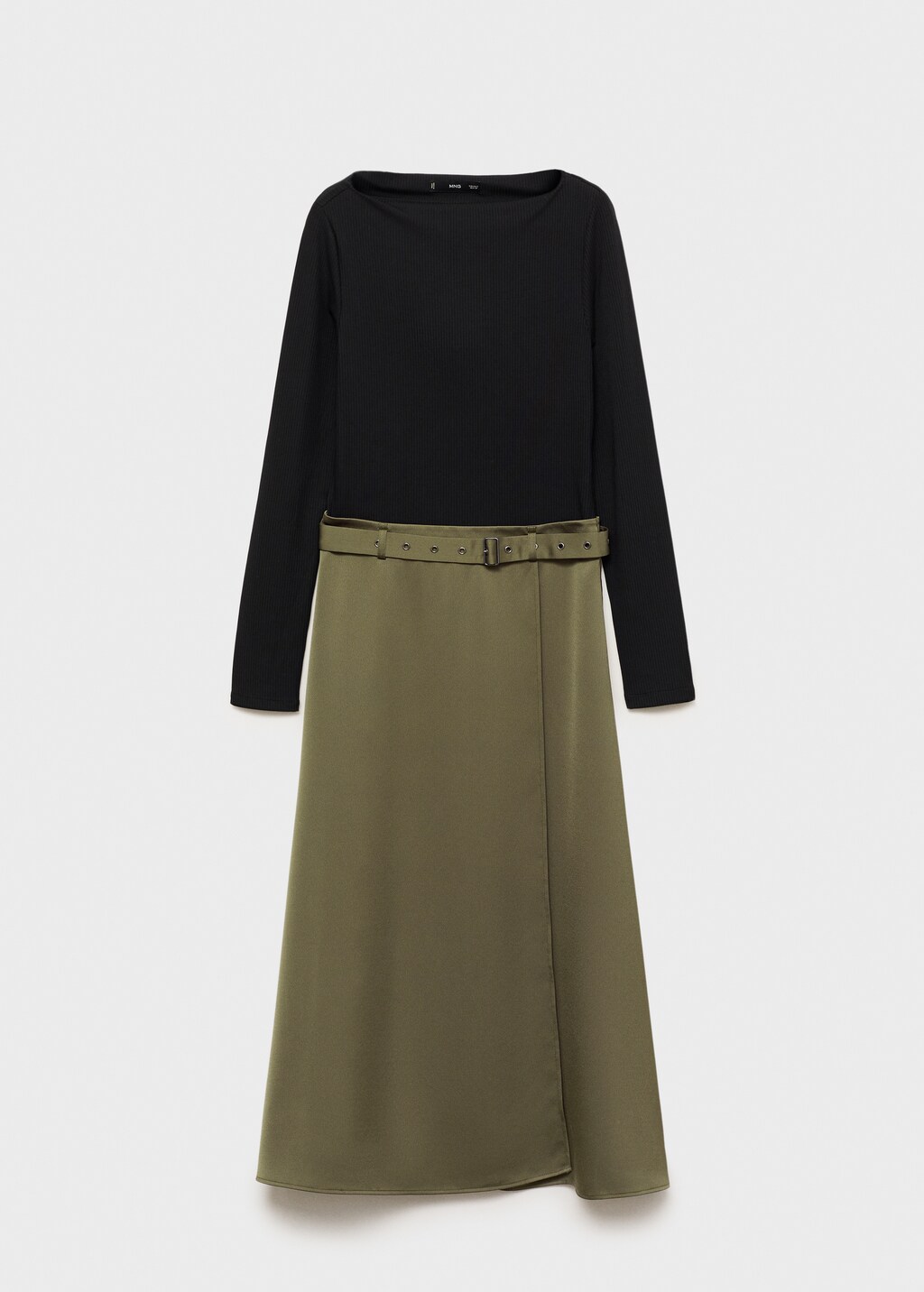 Combined woven dress with belt - Khaki