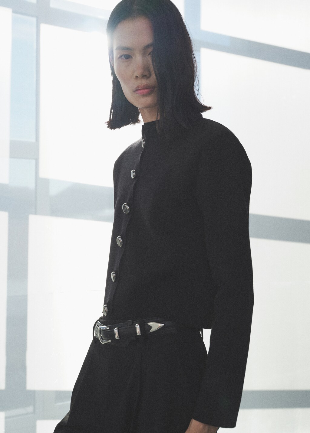 Jacket with jewel-button strip collar - Black