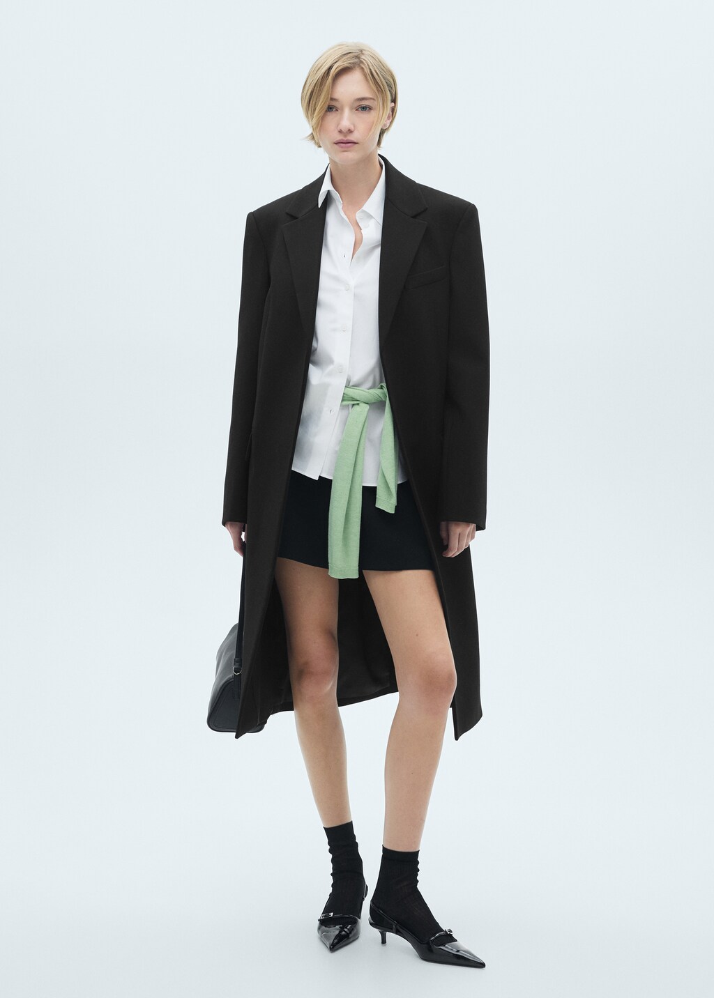 Structured double fabric coat with belt - Black