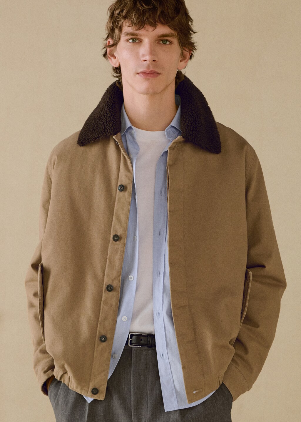 Quilted jacket with sheepskin collar - Medium Brown