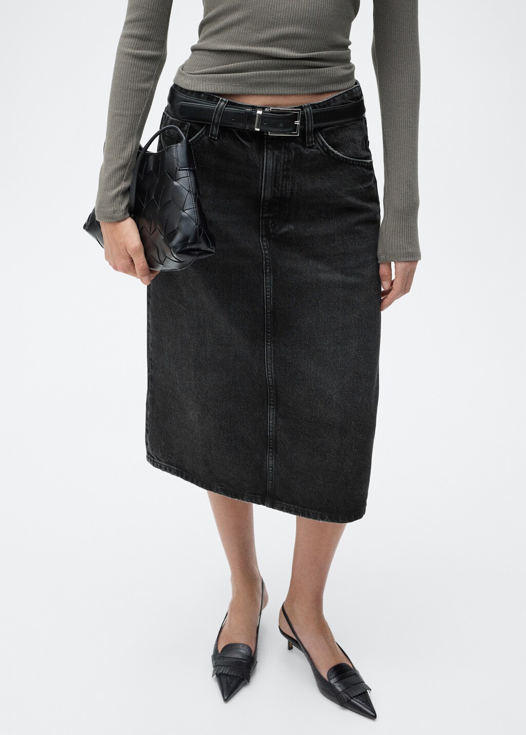 Denim midi-skirt - Black denim