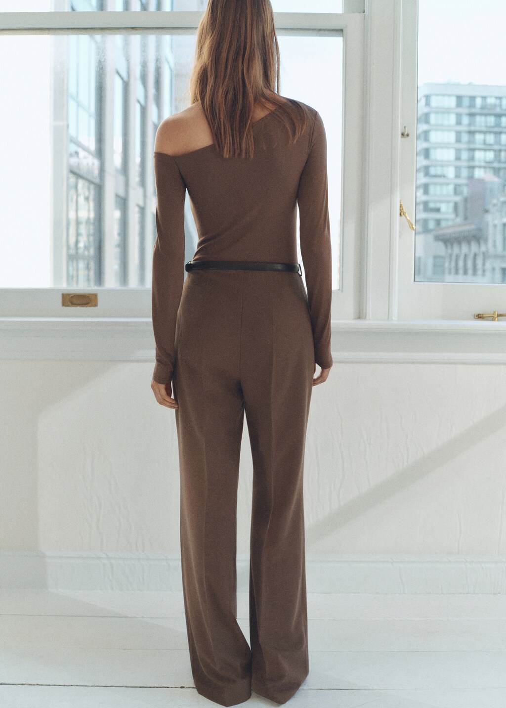 Combined-fabric jumpsuit with belt - Brown