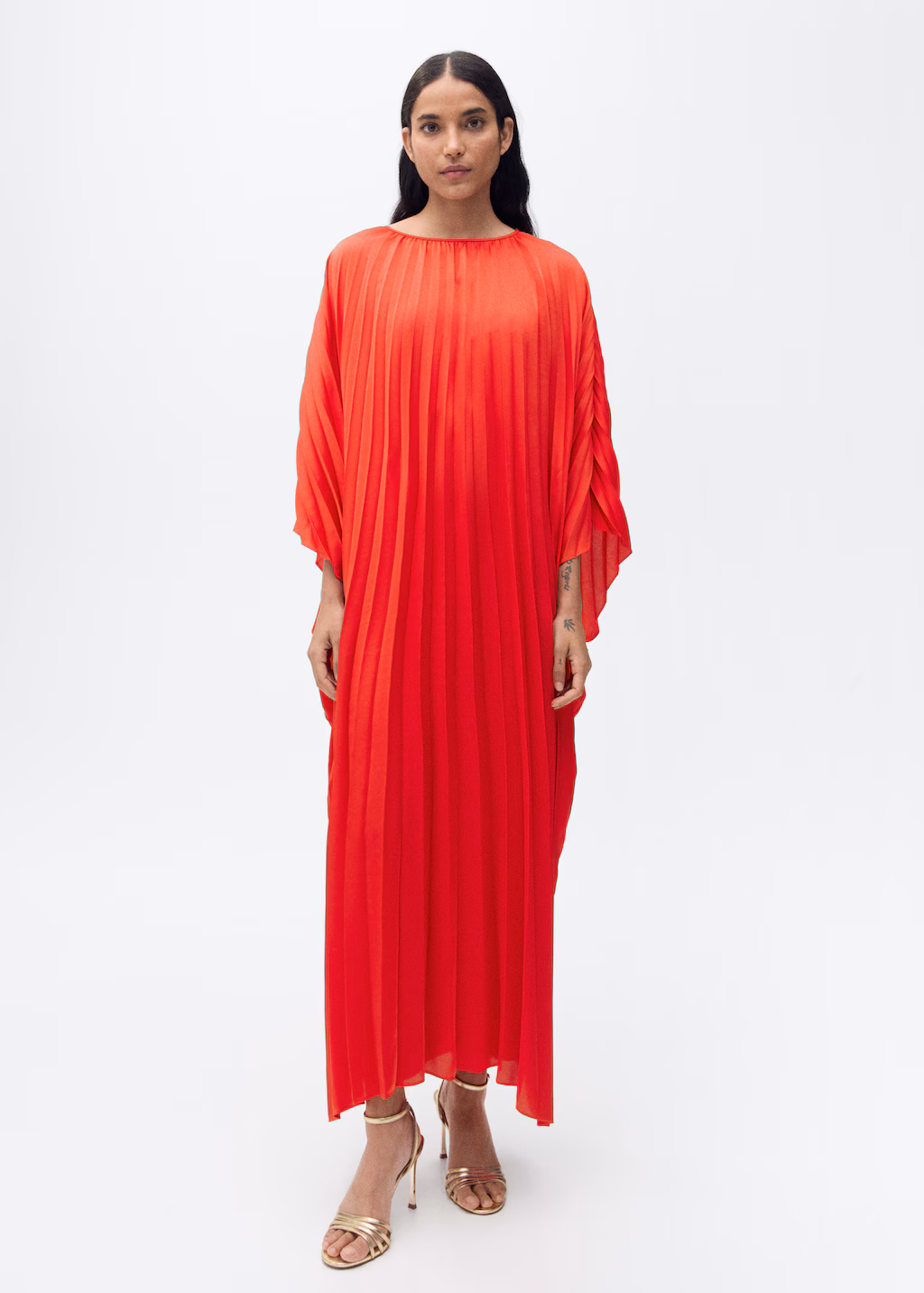 Pleated three-quarter sleeve dress - Red