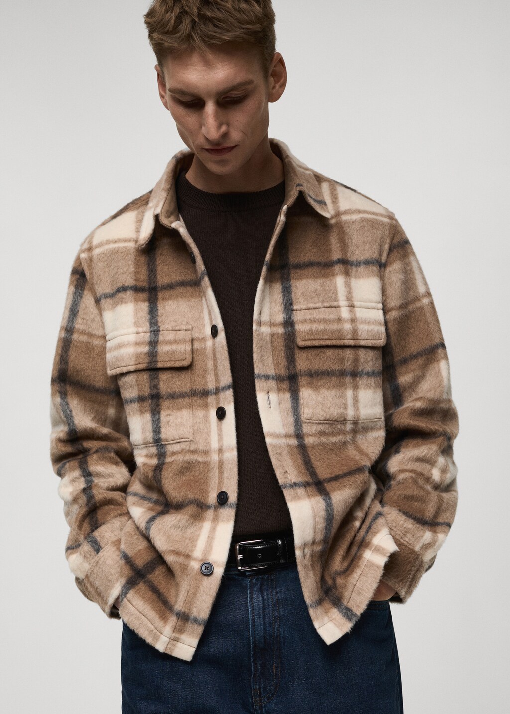 Check flannel textured overshirt - Beige
