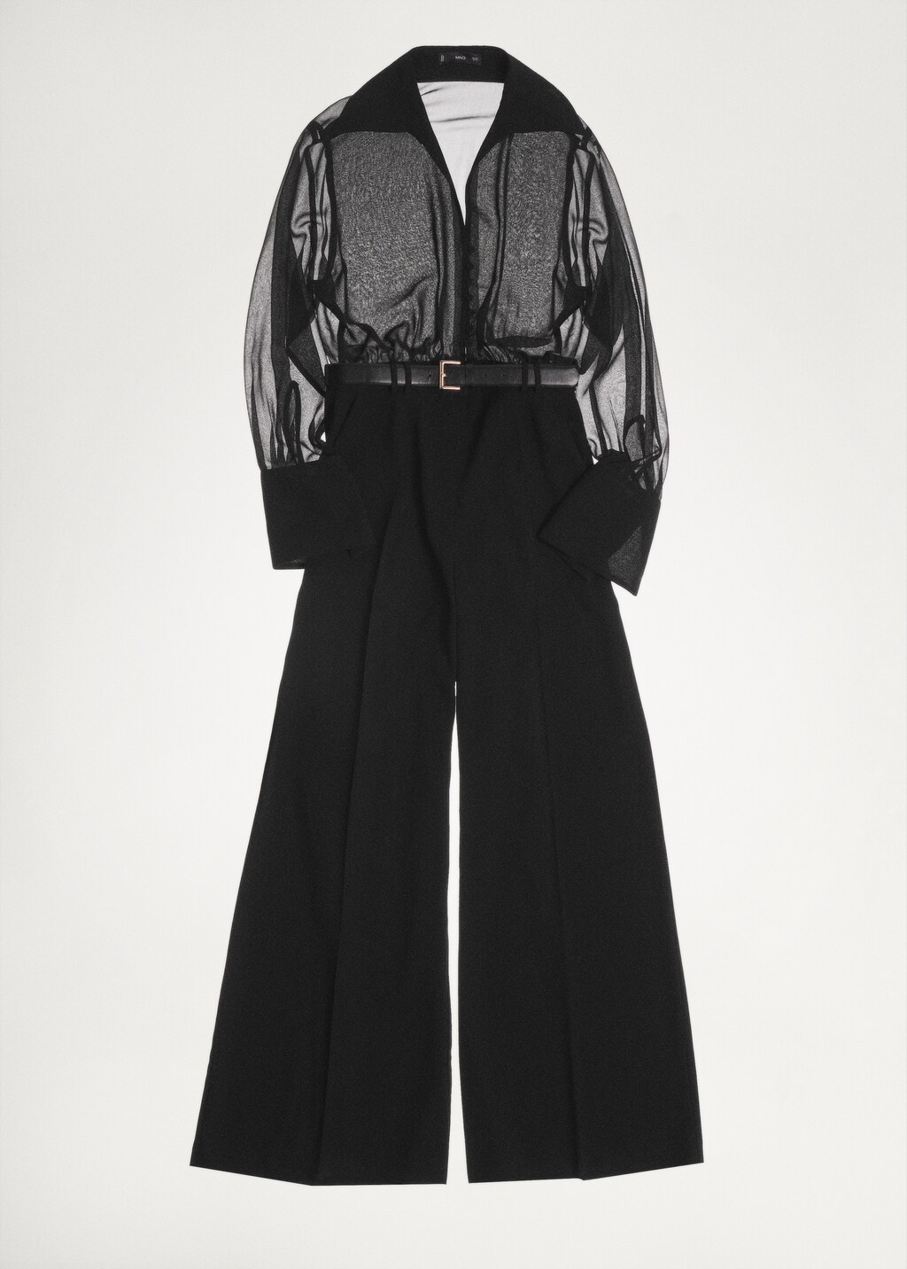 Wideleg jumpsuit with semi-transparent sleeves - Black