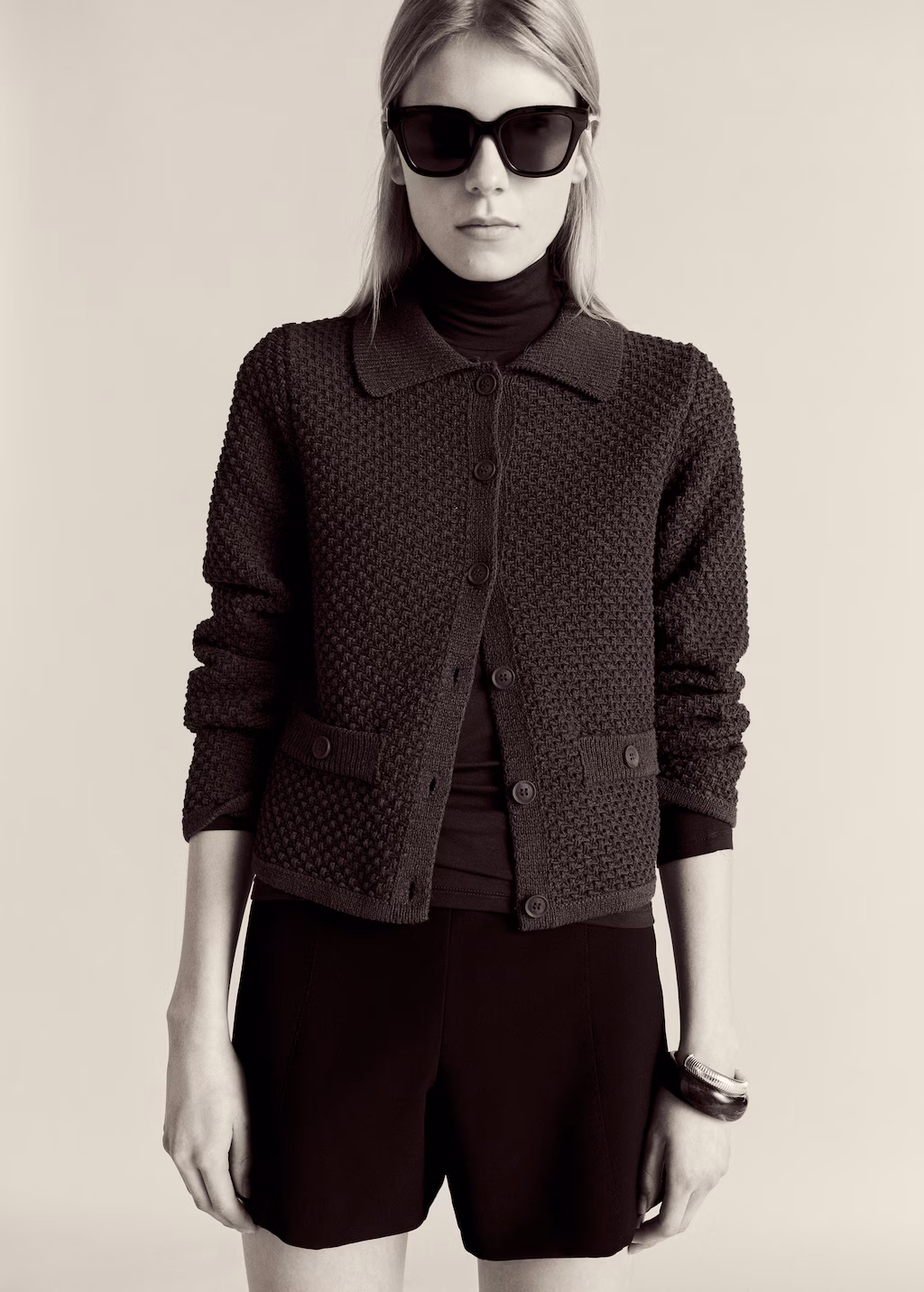 Polo-neck knitted jacket - Brown
