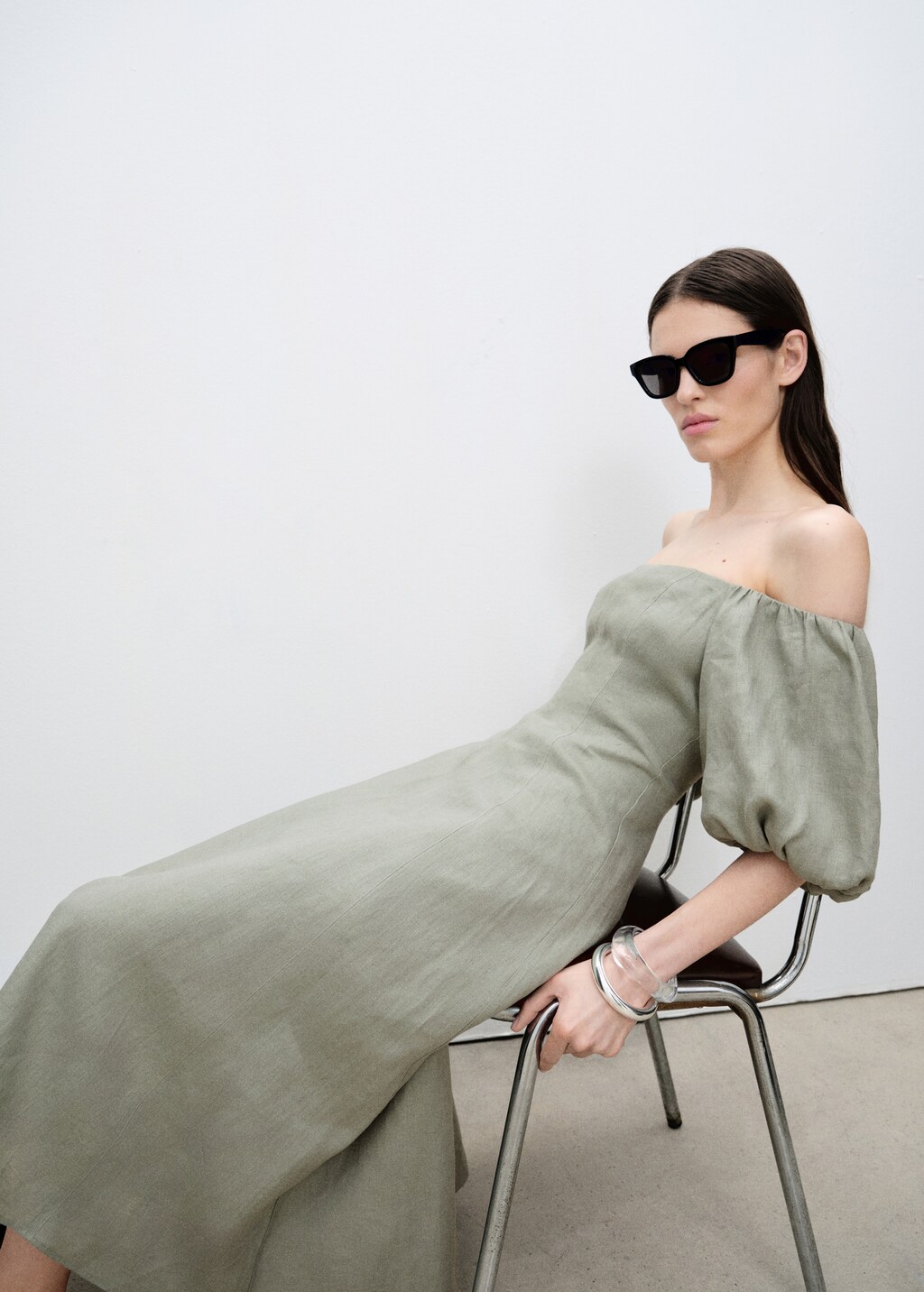 Puffed-sleeve linen dress - Green