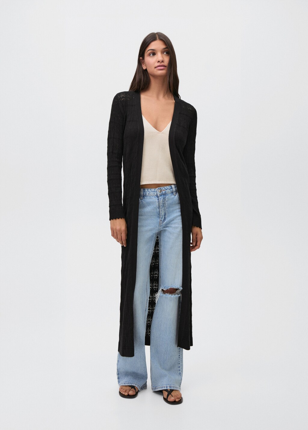 Long openwork knitted cardigan - Black