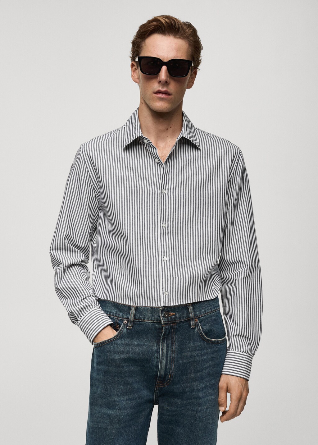 Regular-fit striped cotton-linen shirt - Khaki
