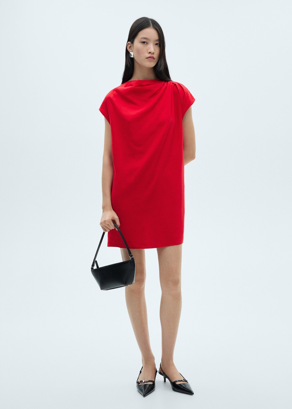 Linen dress with draped collar - Red