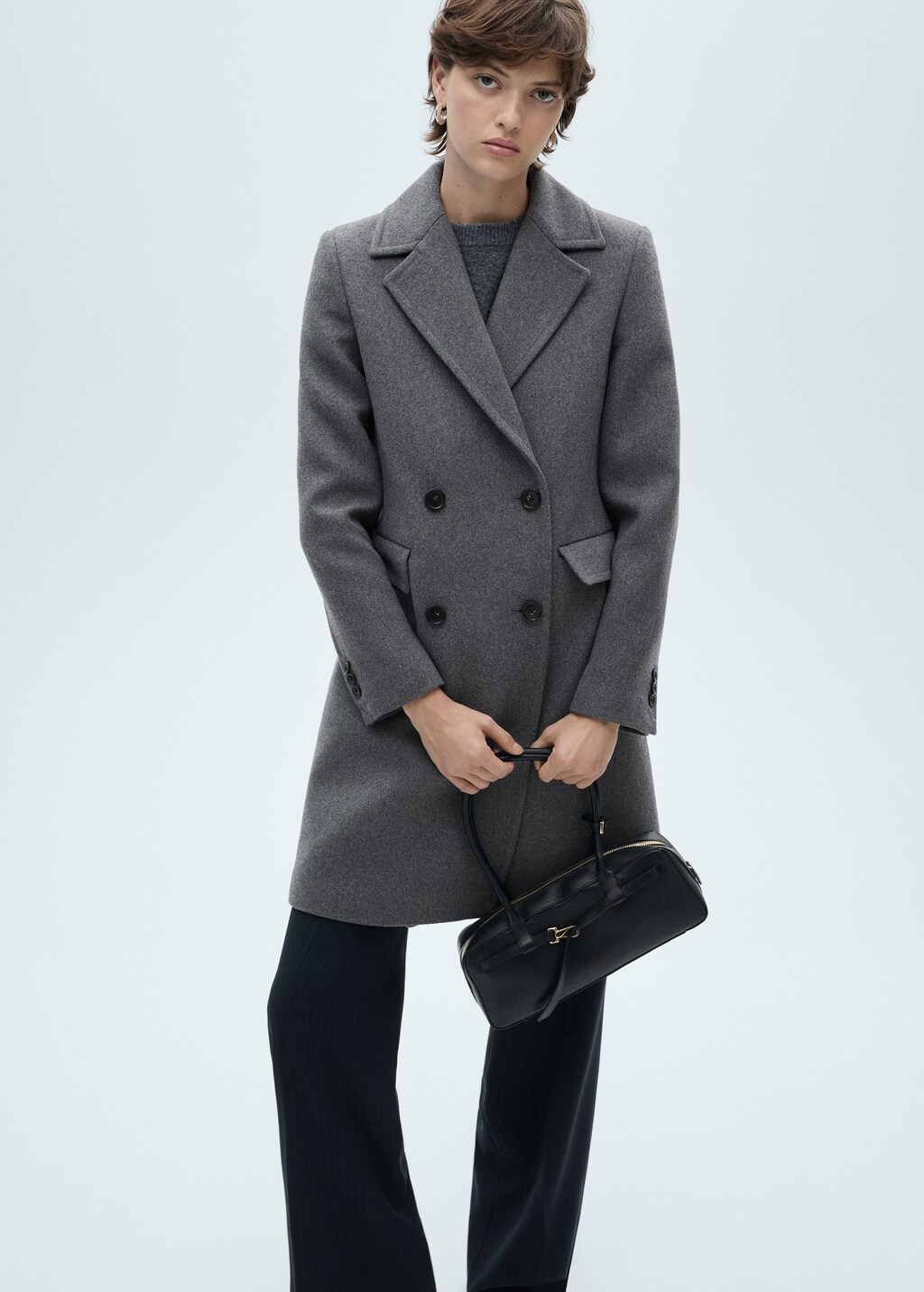 Double-breasted midi wool coat - Black