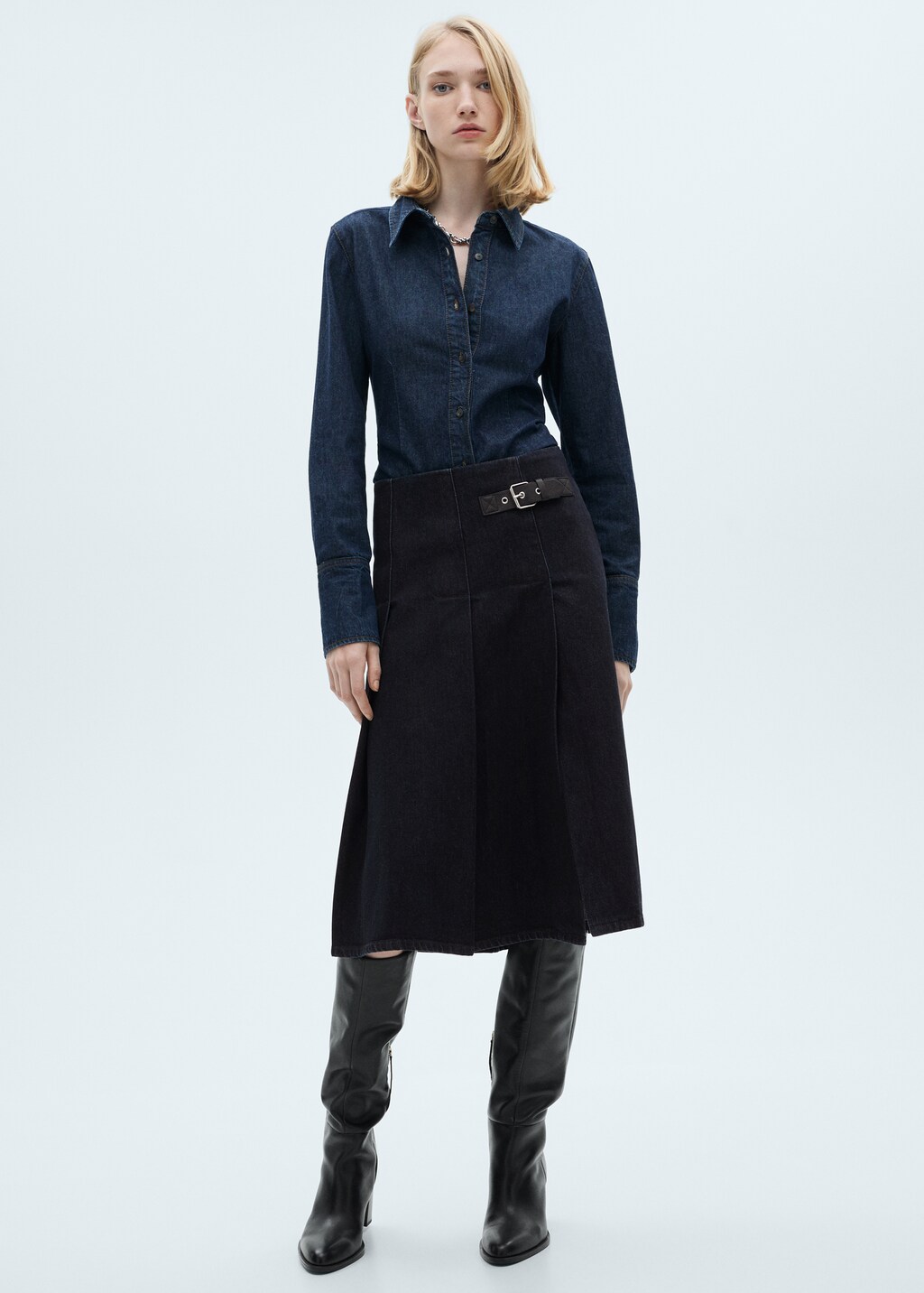 Rinse-wash midi-skirt with buckle - Open Blue