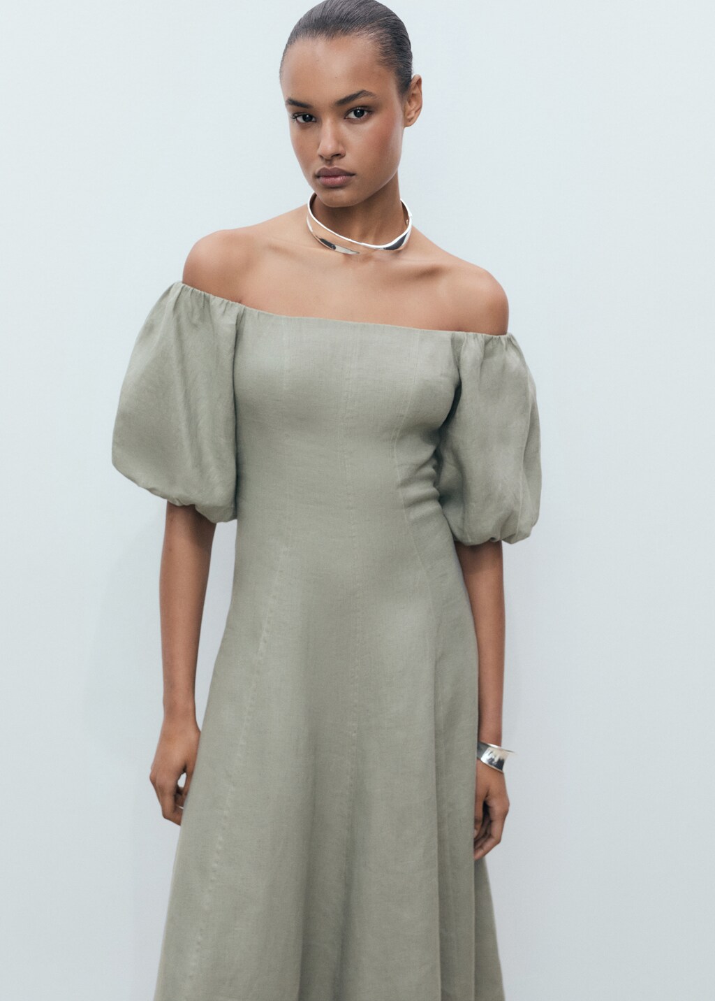 Puffed-sleeve linen dress - Green