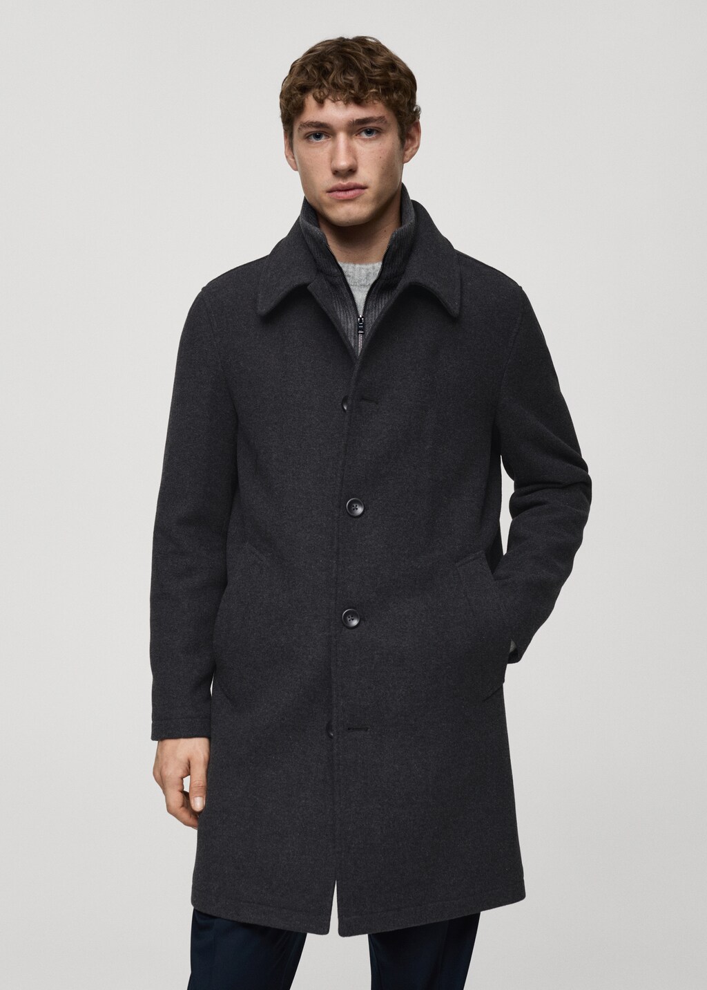Wool coat with detachable collar - Charcoal