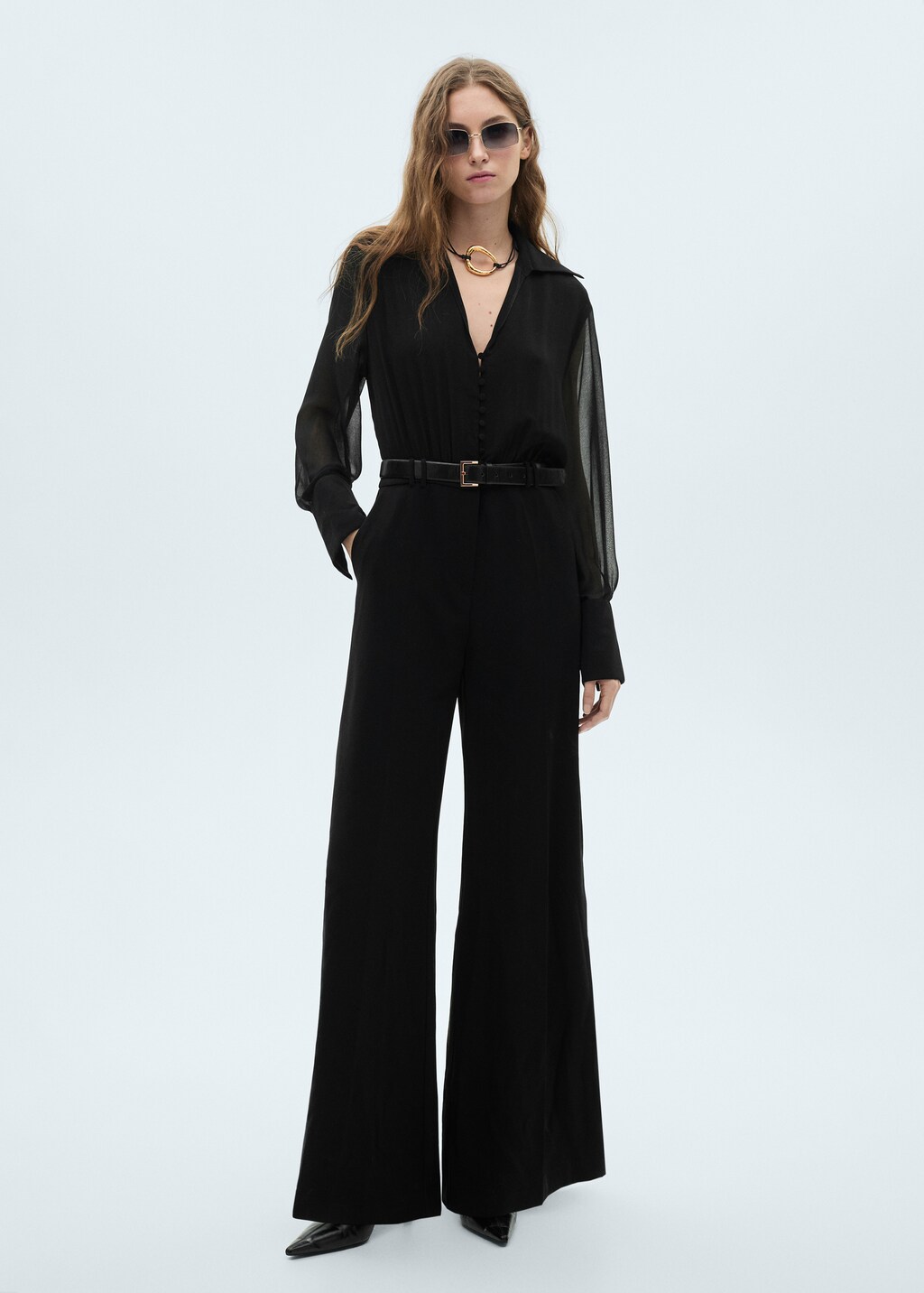 Wideleg jumpsuit with semi-transparent sleeves - Black