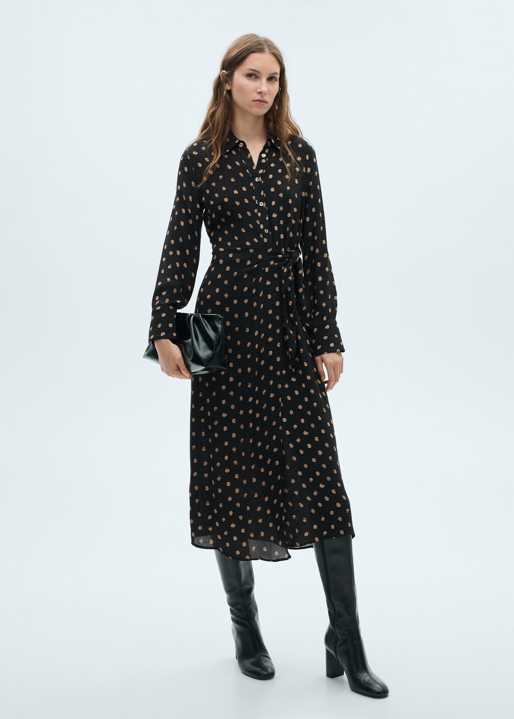 Polka-dot shirt dress with knot detail - Black