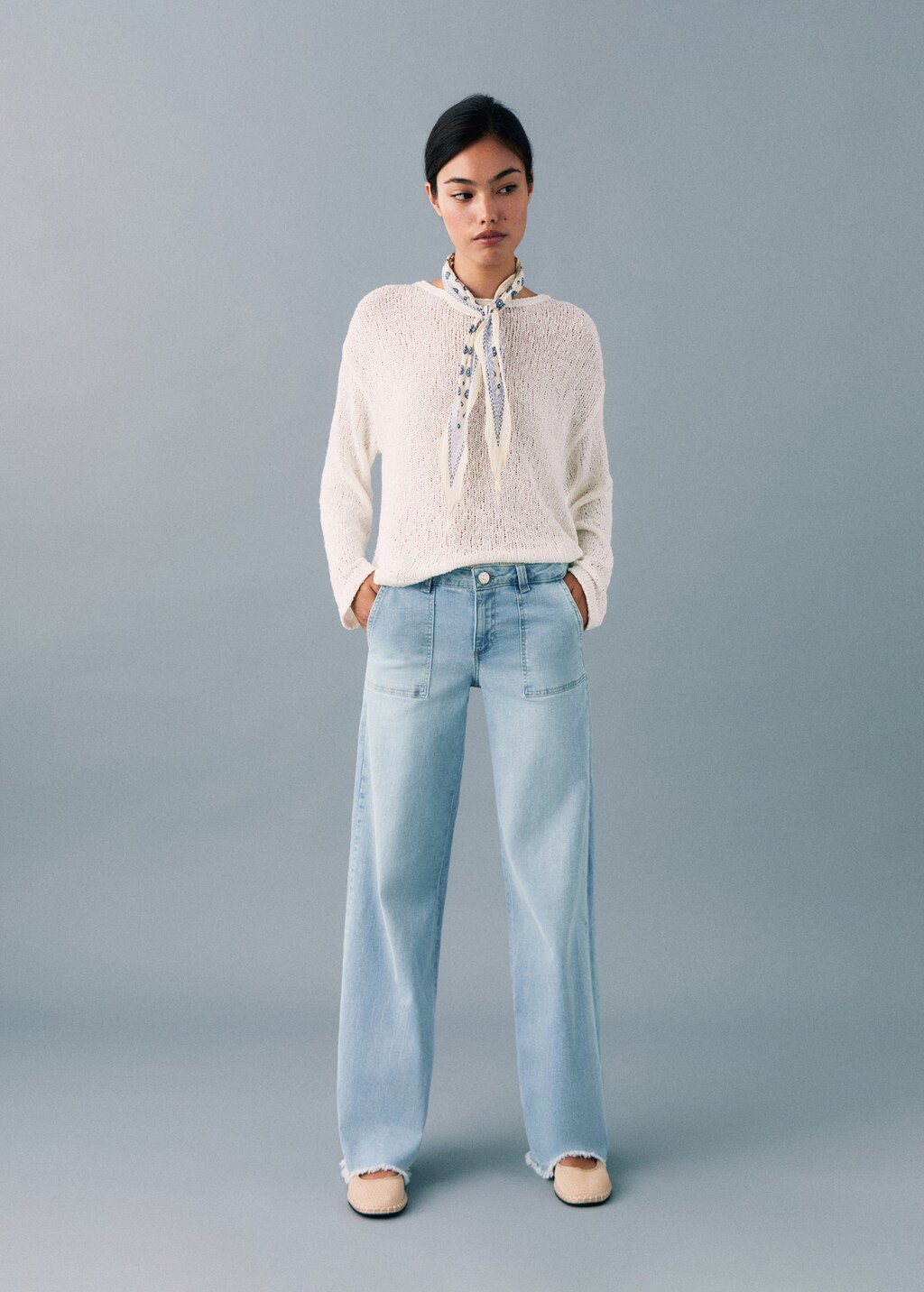 Wideleg low frayed hem jeans - White