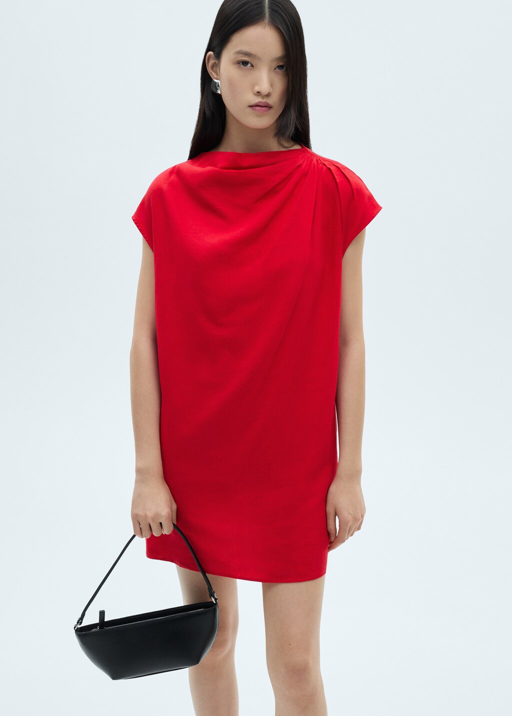 Linen dress with draped collar - Red
