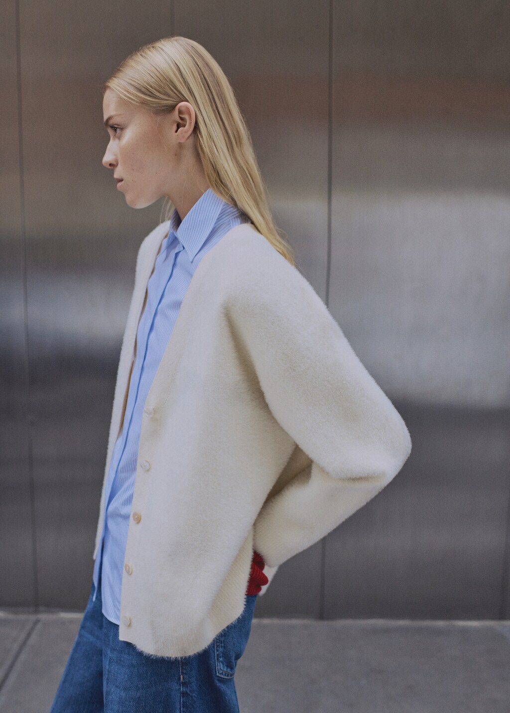 Fur-effect knitted cardigan - Petrol Blue