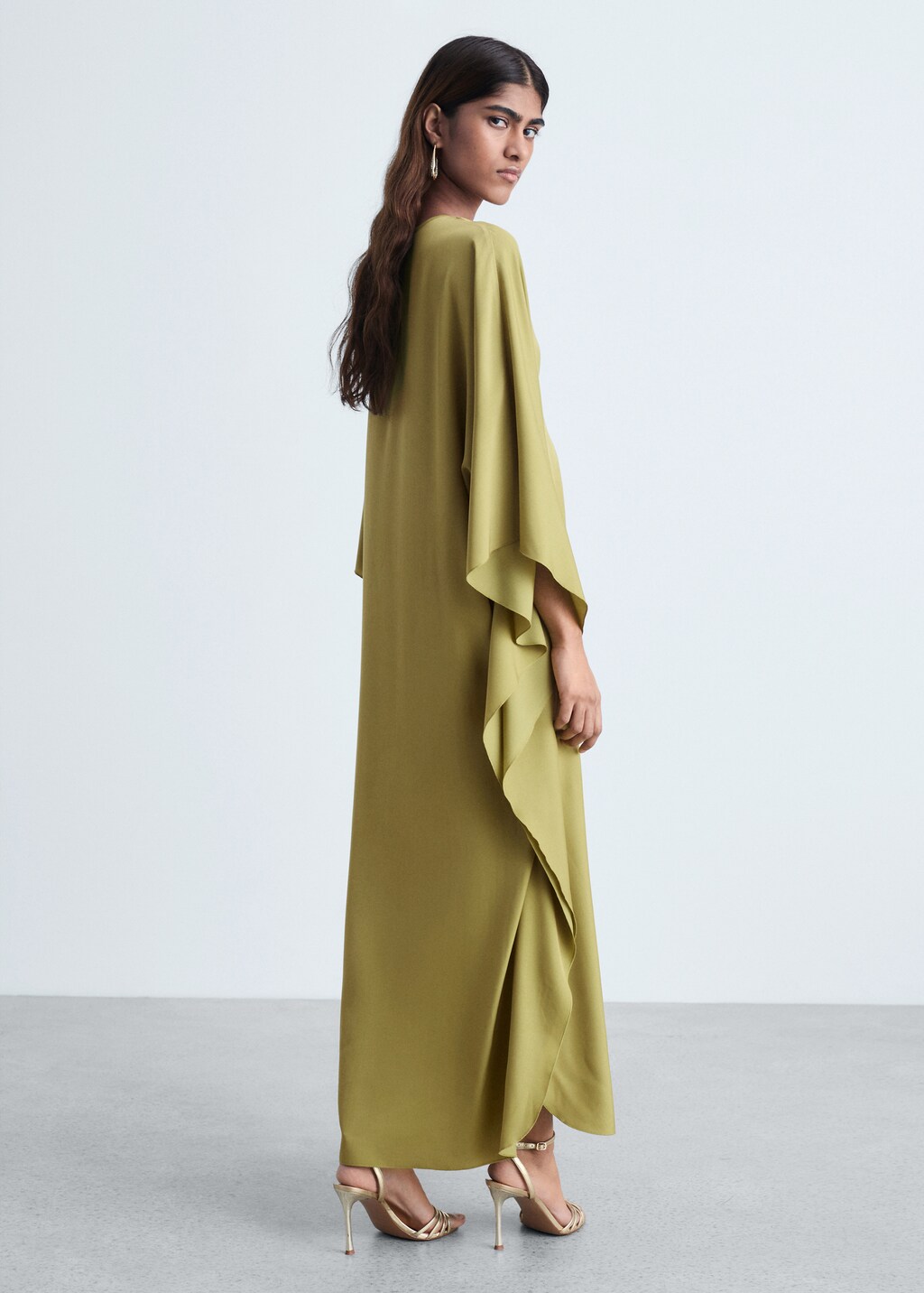 Flared-sleeve satin dress - Olive Green