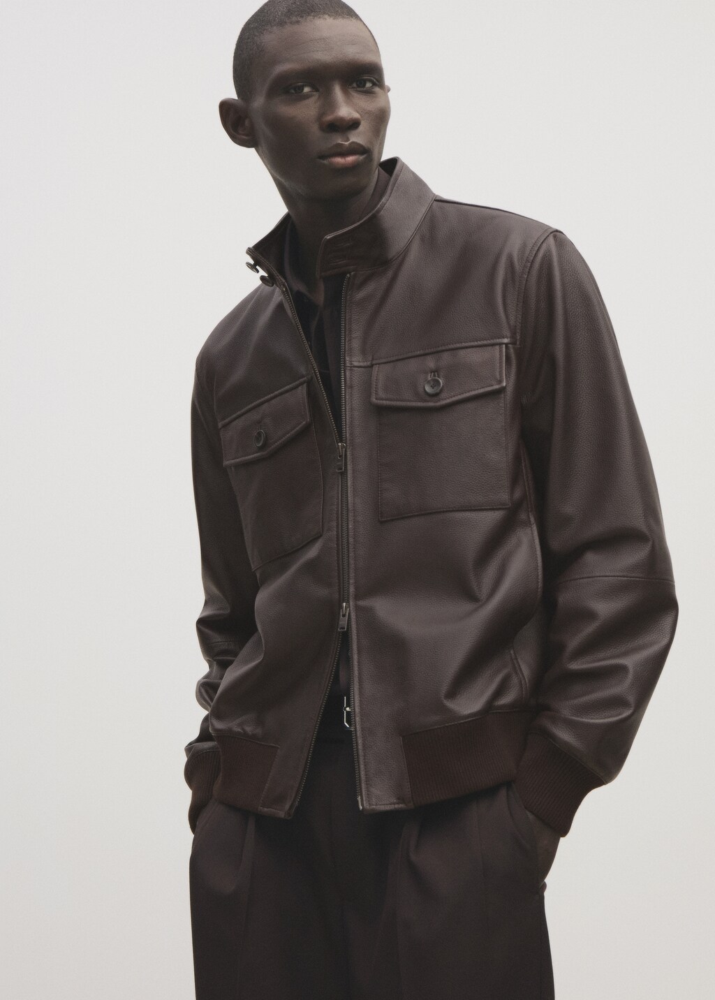Pocket leather biker jacket - Brown