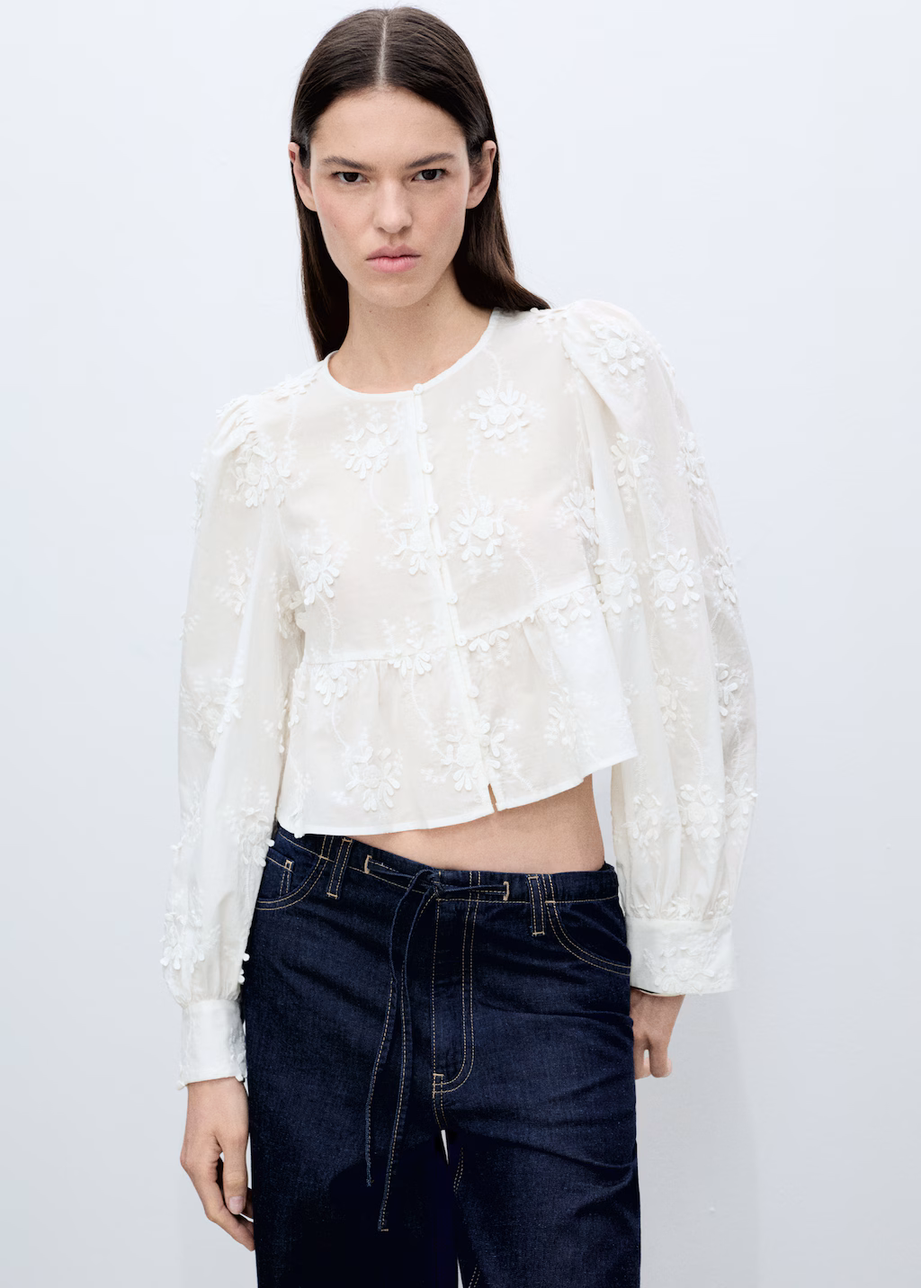 Flower-embroidered cotton blouse - Off White