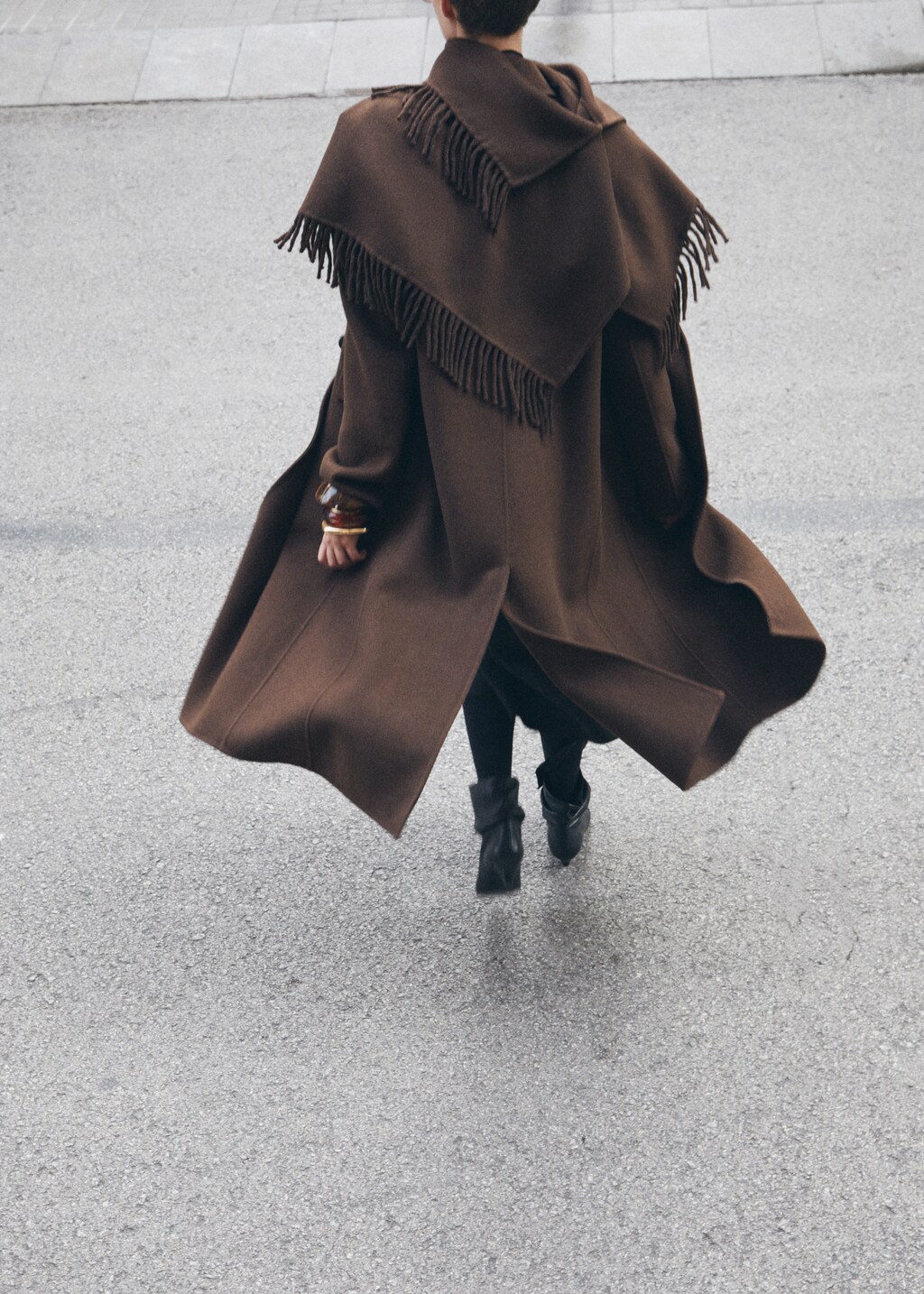 Wool coat with fringed scarf - Chocolate