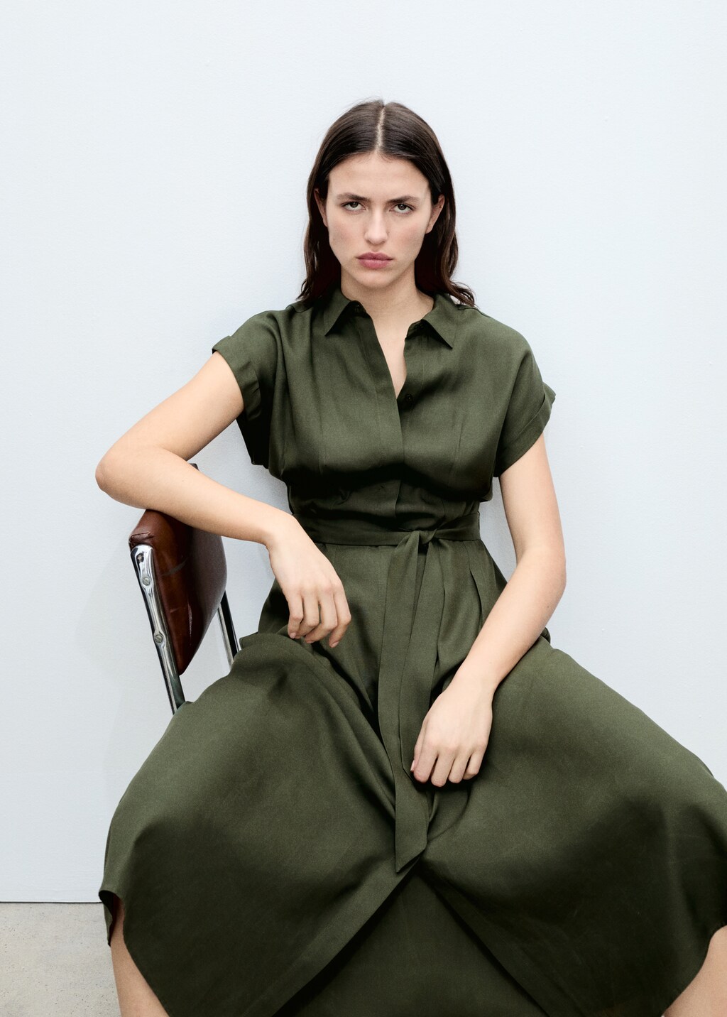 Linen and lyocell-blend shirt dress with belt - Khaki