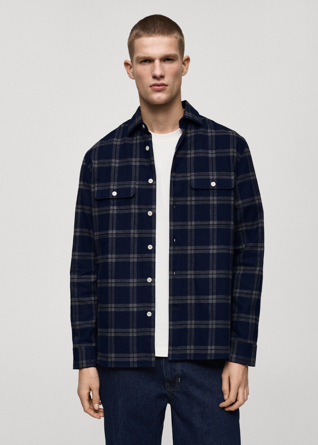 100% cotton flannel check overshirt - Dark Navy
