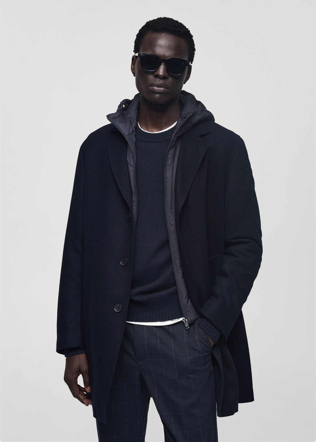 Wool coat with quilted interior hood - Black