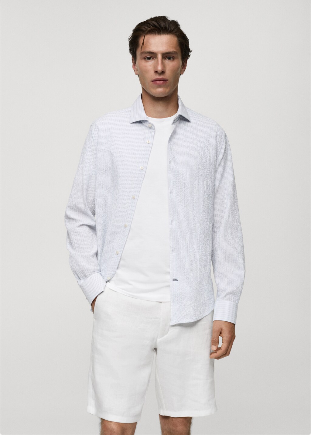 Regular-fit striped seersucker cotton shirt - White