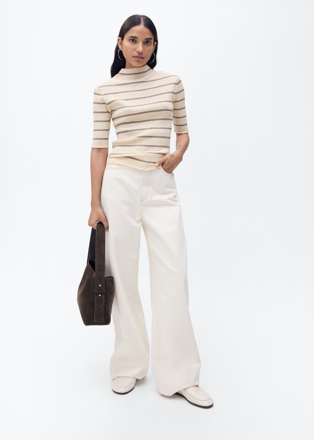 Rib-knit sweater with perkins neck - Medium Brown