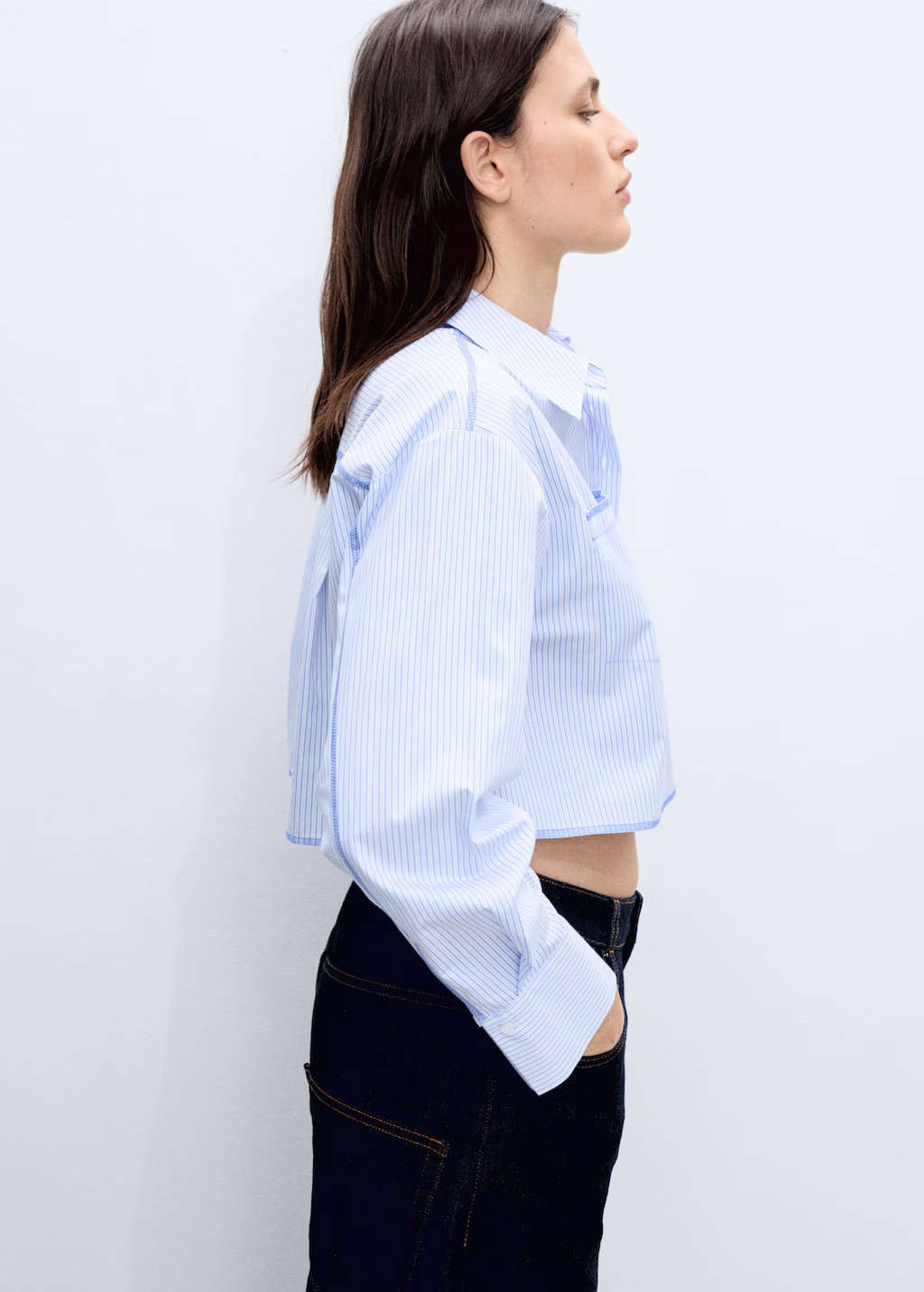 Striped crop shirt with stitching detail - Blue