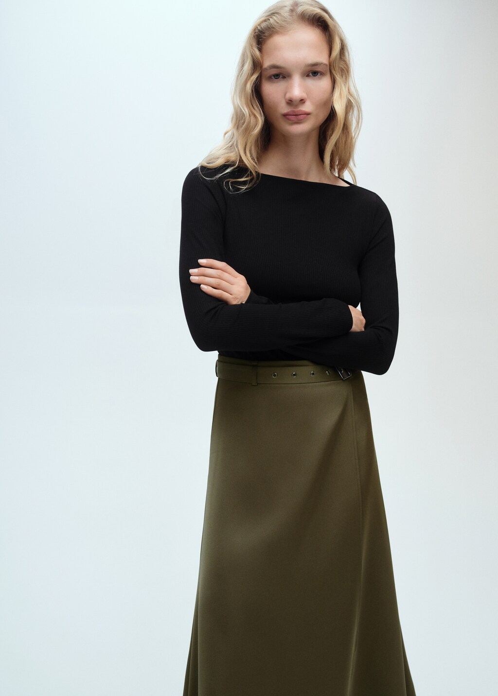 Combined woven dress with belt - Khaki