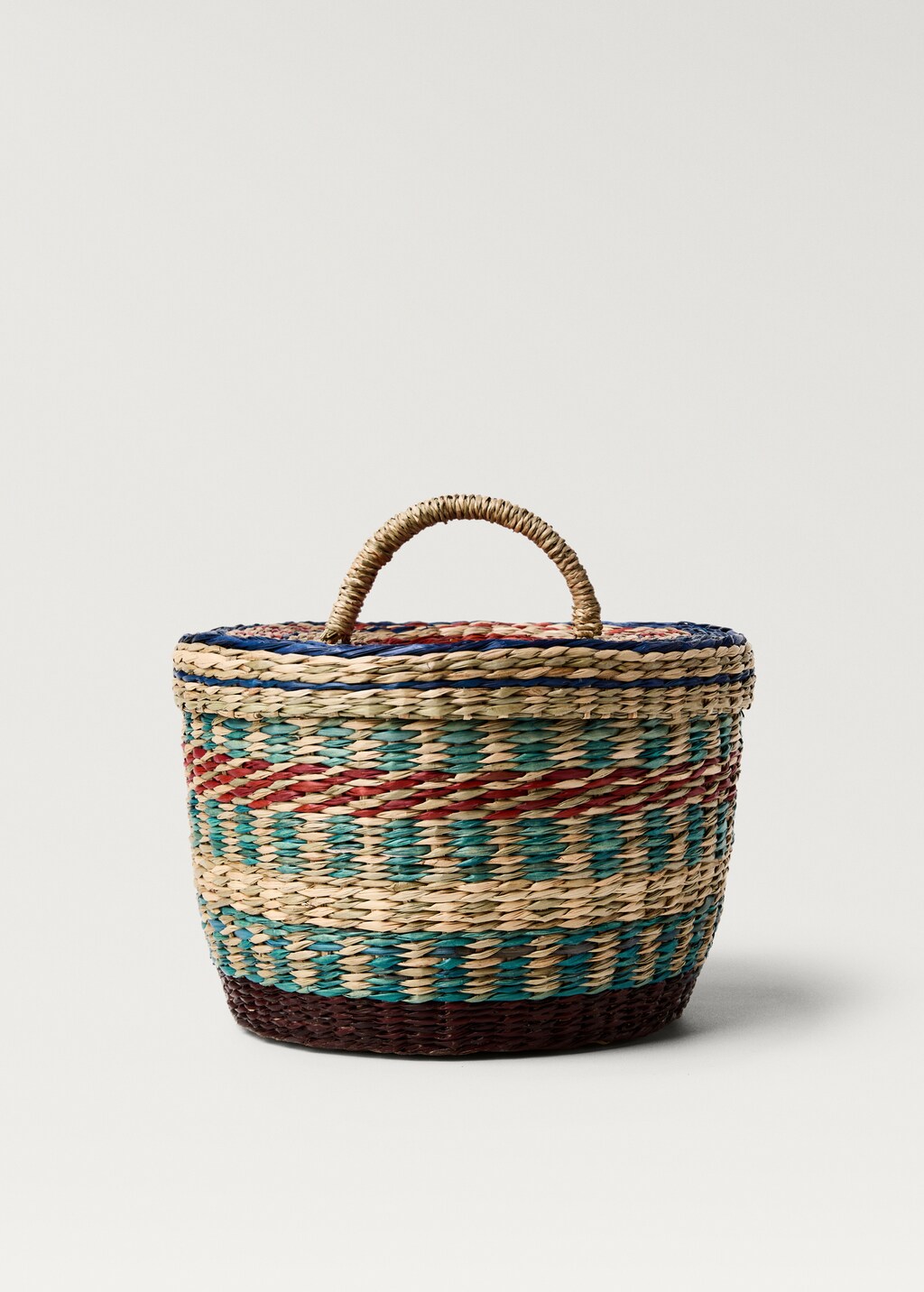 Medium coloured seagrass basket with lid - Blue