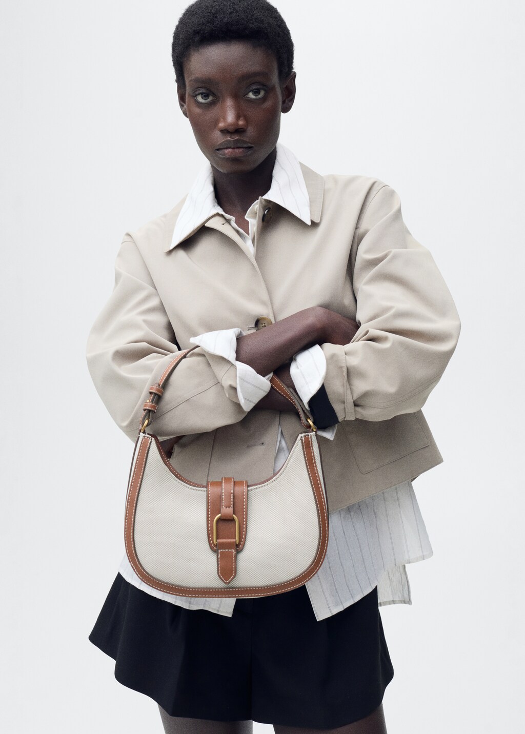 Contrast canvas shoulder bag - Leather