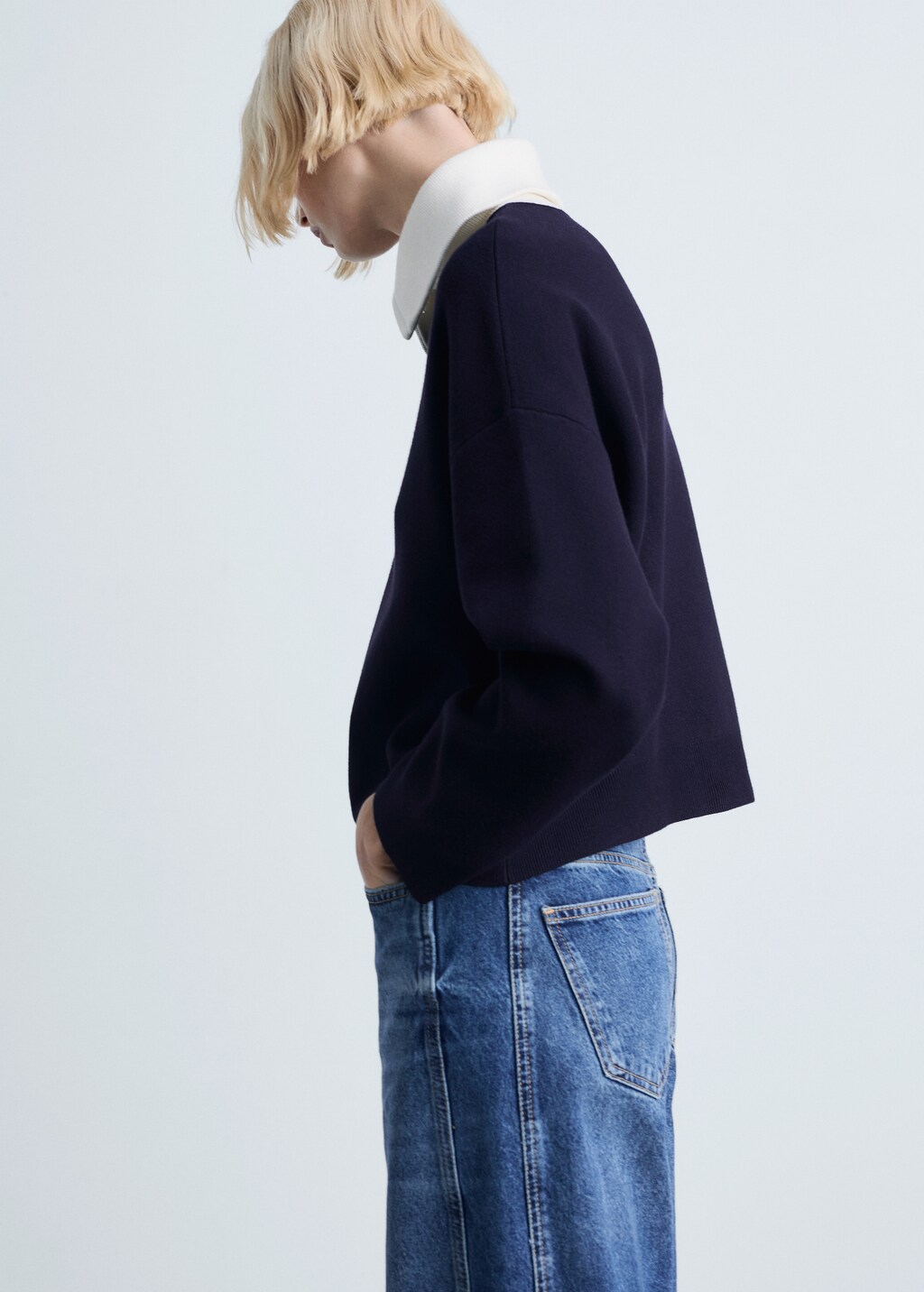 Knitted sweater with contrasting collar - Dark Navy