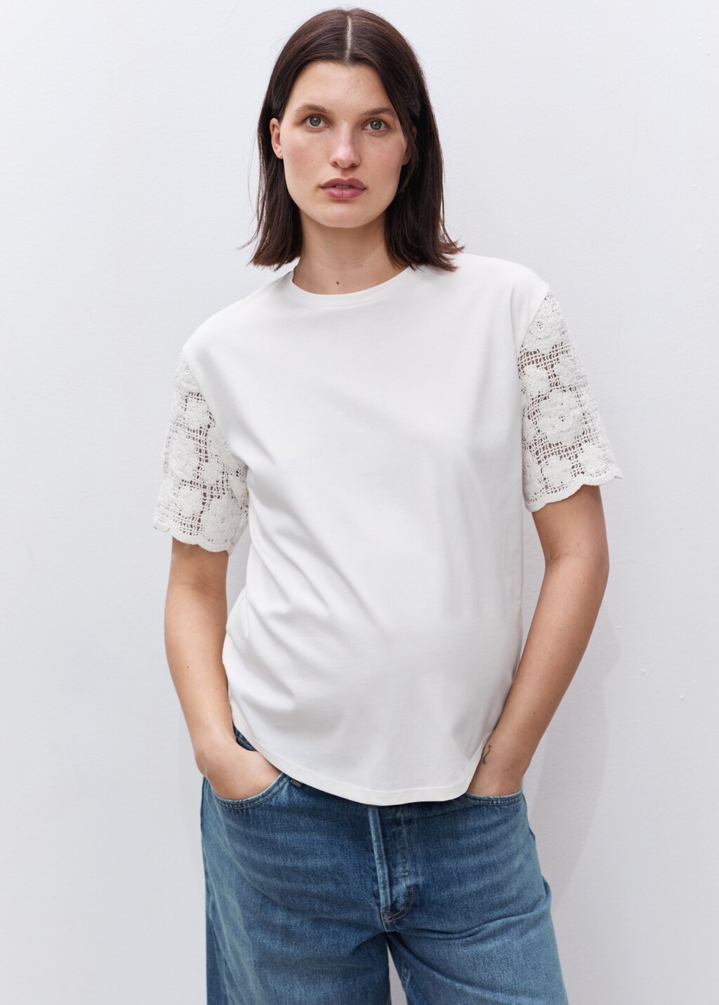 Crochet sleeve cotton t-shirt - White