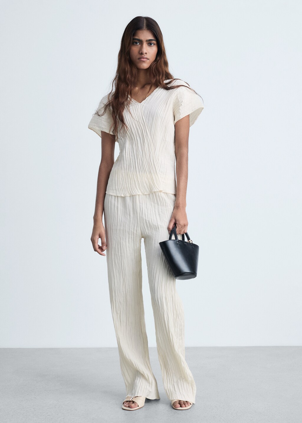 Wrinkled effect V-neck top - Blue