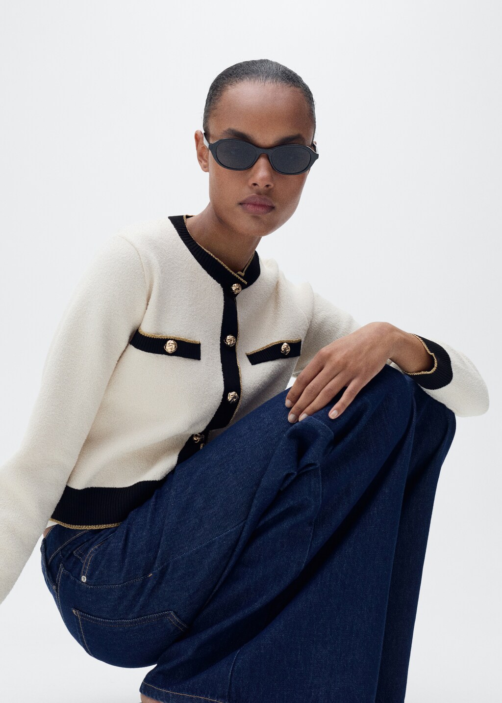 Knitted cardigan with double trim - Ecru